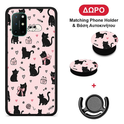 Black Cat Doodles on Pink - OnePlus 8T θήκη + Δώρο Phone Holder & Βάση Αυτοκινήτου
