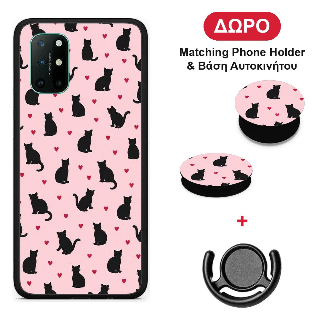 Black Cat Silhouettes and Hearts on Pink - OnePlus 8T θήκη + Δώρο Phone Holder & Βάση Αυτοκινήτου
