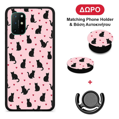 Black Cat Silhouettes and Hearts on Pink - OnePlus 8T θήκη + Δώρο Phone Holder & Βάση Αυτοκινήτου