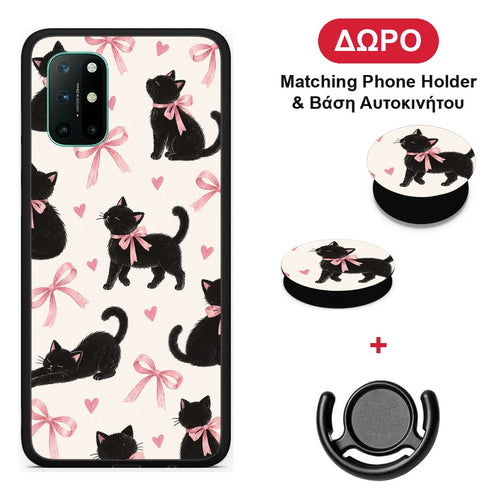 Black Kittens and Pink Bows on Cream Large - OnePlus 8T θήκη + Δώρο Phone Holder & Βάση Αυτοκινήτου