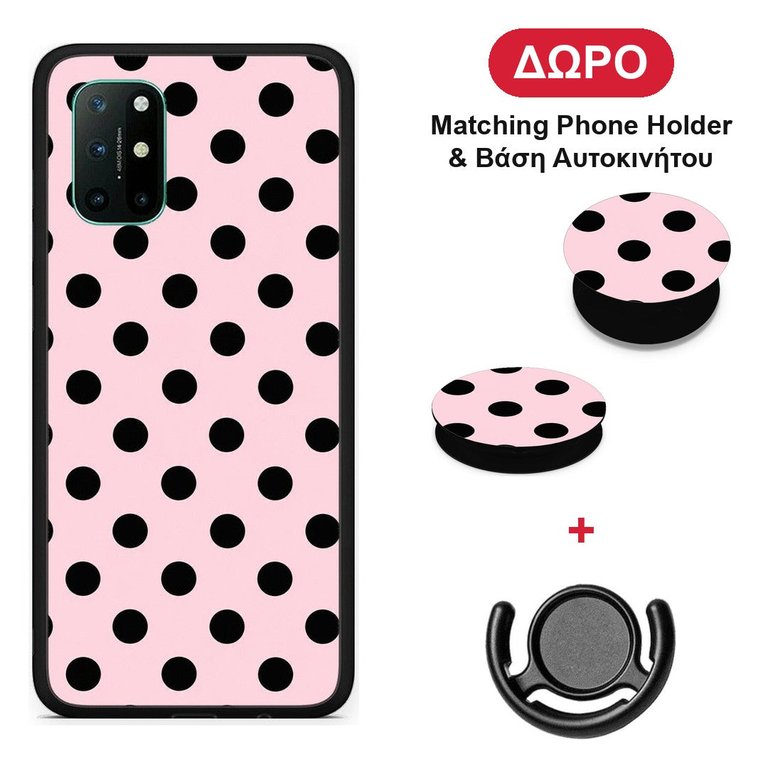 Black Polka Dots on Pink - OnePlus 8T θήκη + Δώρο Phone Holder & Βάση Αυτοκινήτου