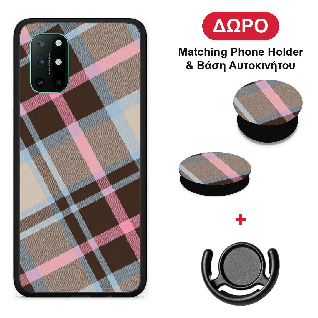 Brown Pink and Blue Diagonal Plaid - OnePlus 8T θήκη + Δώρο Phone Holder & Βάση Αυτοκινήτου