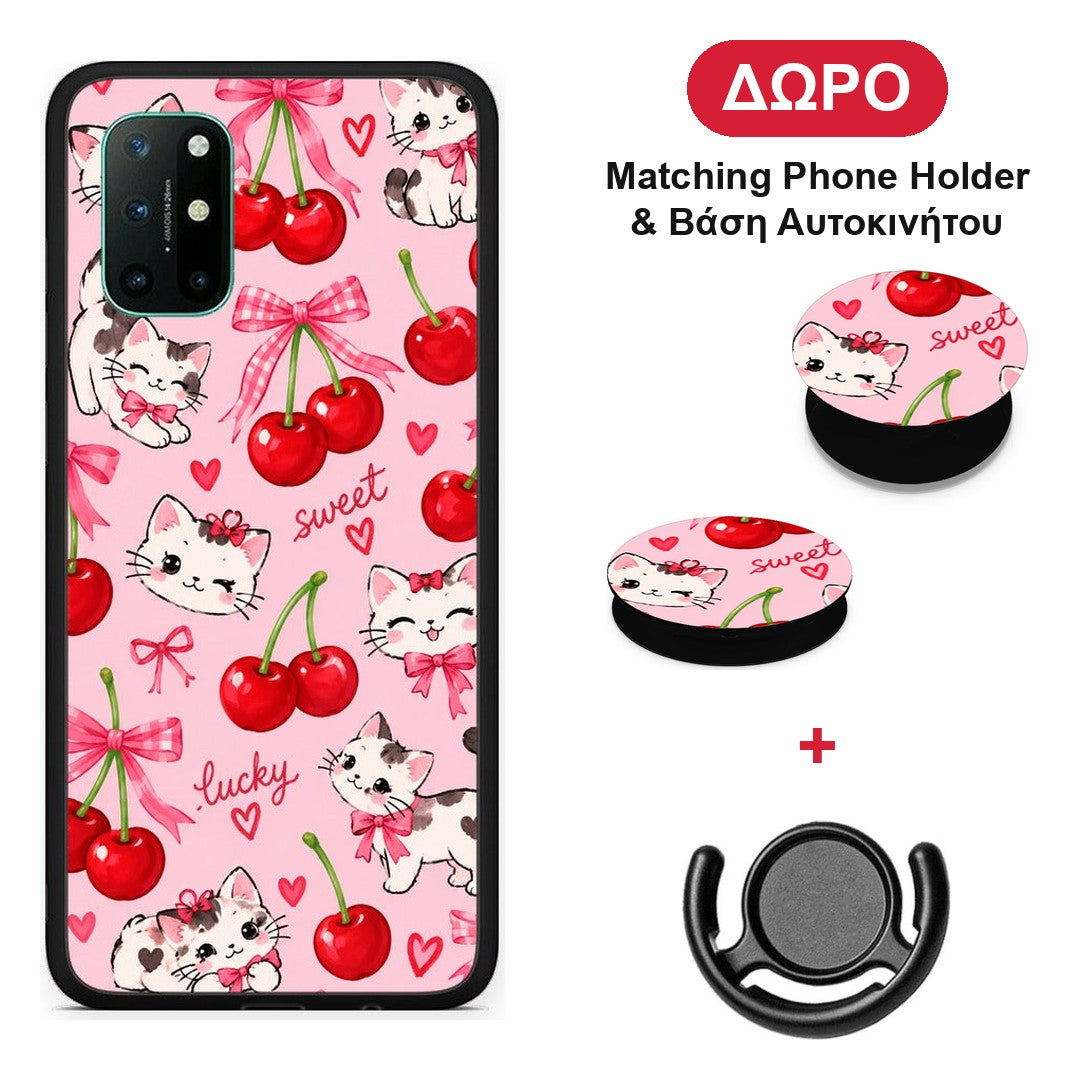 Cherries Bows and Kittens on Pink - OnePlus 8T θήκη + Δώρο Phone Holder & Βάση Αυτοκινήτου