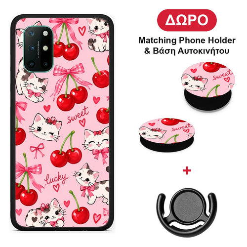 Cherries Bows and Kittens on Pink - OnePlus 8T θήκη + Δώρο Phone Holder & Βάση Αυτοκινήτου