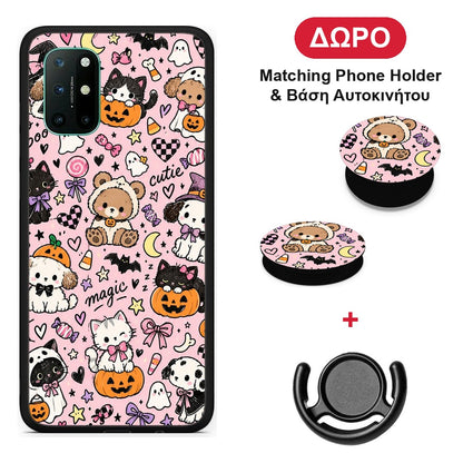 Halloween Cute Animals on Pink - OnePlus 8T θήκη + Δώρο Phone Holder & Βάση Αυτοκινήτου