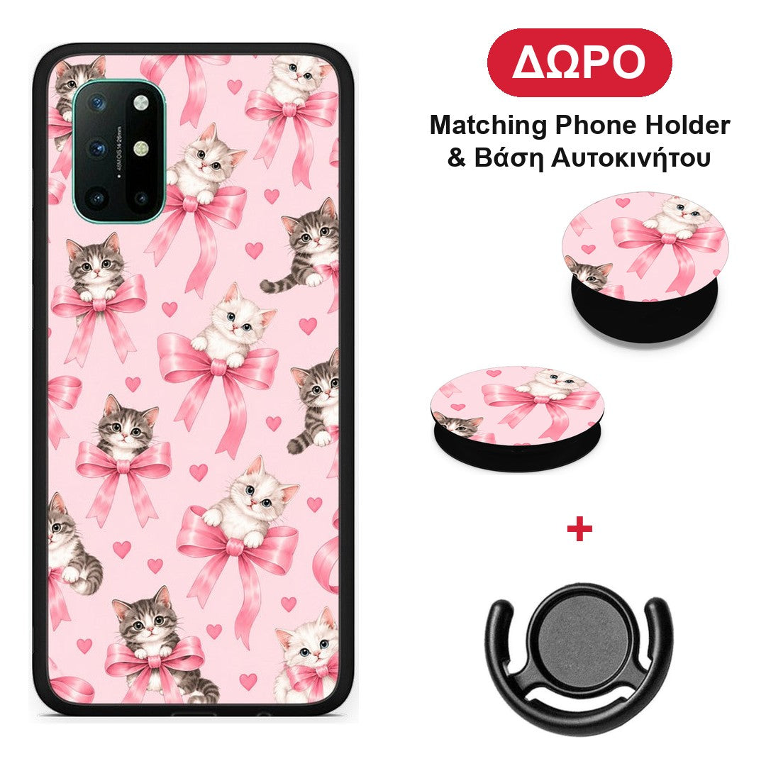 Kittens and Pink Bows on Pink - OnePlus 8T θήκη + Δώρο Phone Holder & Βάση Αυτοκινήτου