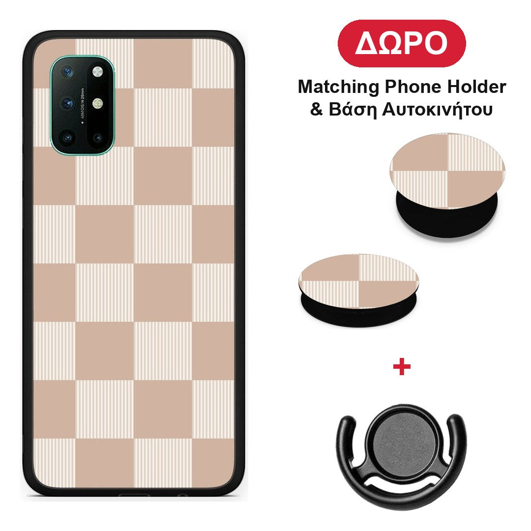 Latte and Cream Striped Checks - OnePlus 8T θήκη + Δώρο Phone Holder & Βάση Αυτοκινήτου