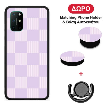 Lilac and Cream Striped Checks - OnePlus 8T θήκη + Δώρο Phone Holder & Βάση Αυτοκινήτου