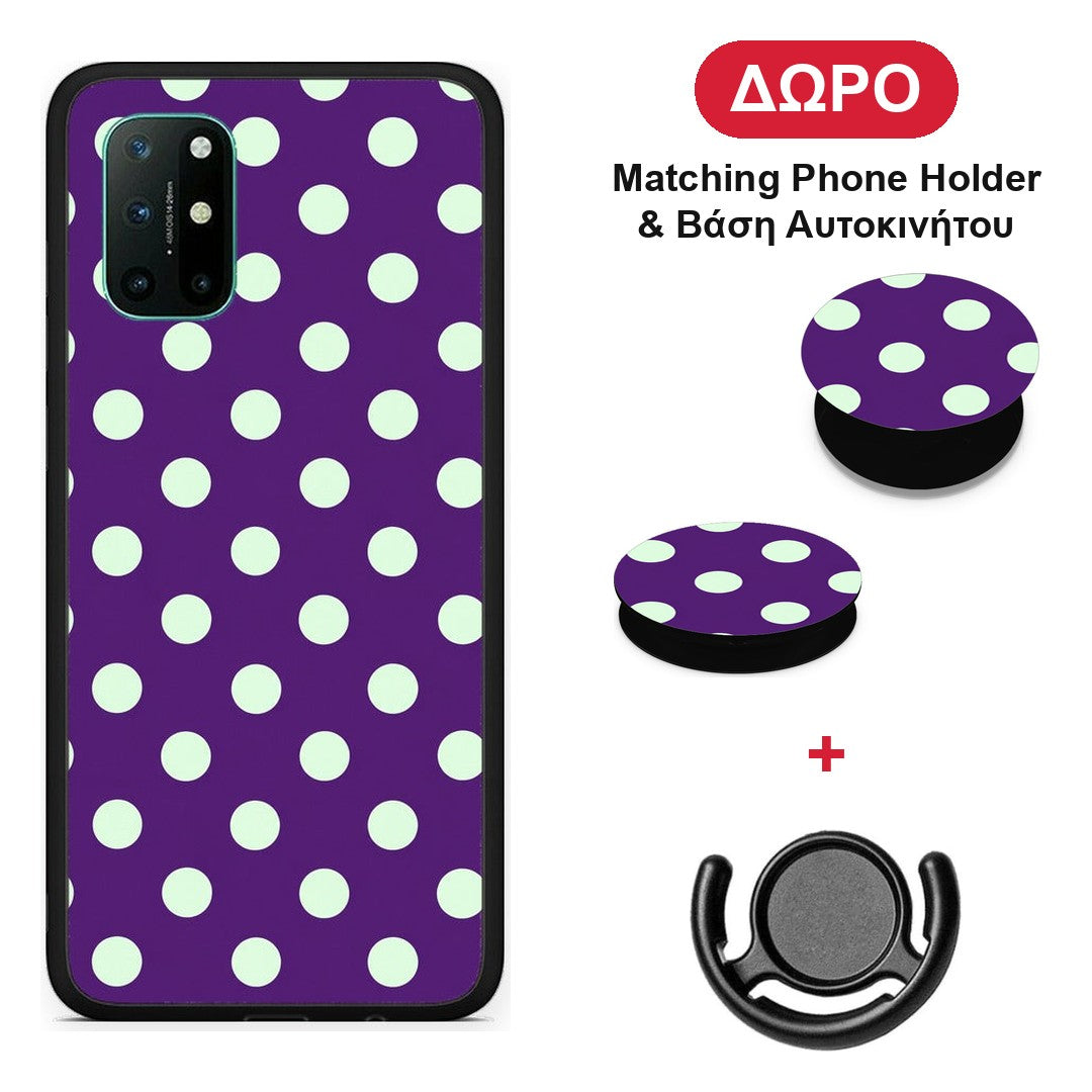 Mint Polka Dots on Purple - OnePlus 8T θήκη + Δώρο Phone Holder & Βάση Αυτοκινήτου