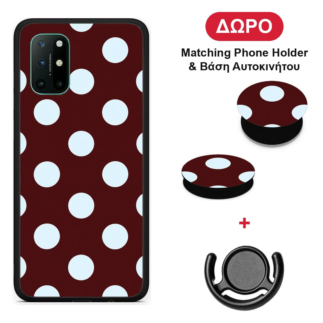 Pale Blue Large Polka Dots on Burgundy - OnePlus 8T θήκη + Δώρο Phone Holder & Βάση Αυτοκινήτου