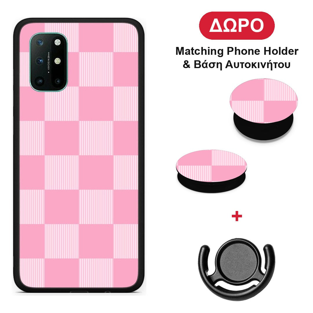 Pink and White Striped Checks - OnePlus 8T θήκη + Δώρο Phone Holder & Βάση Αυτοκινήτου