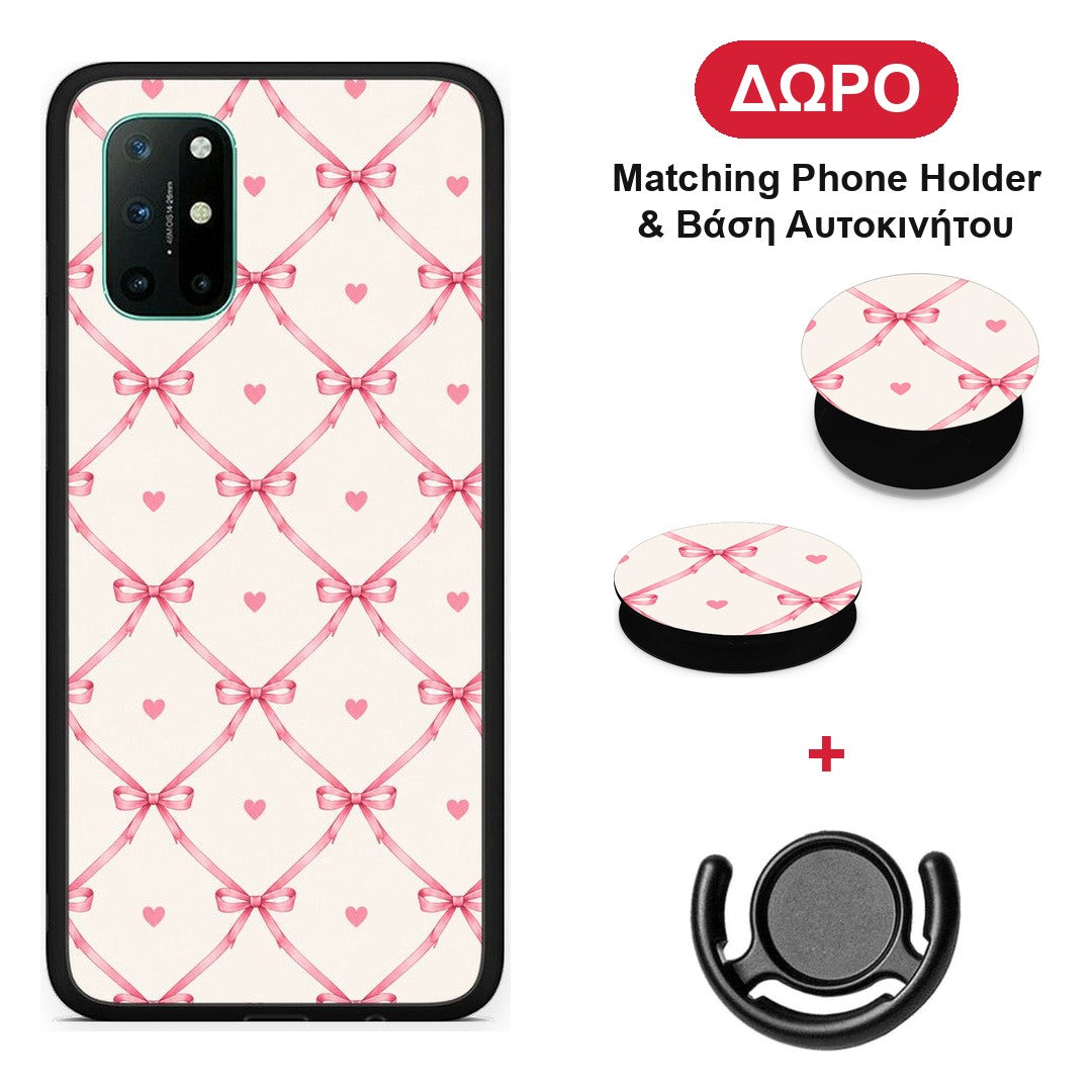 Pink Bow Lattice and Hearts on Cream - OnePlus 8T θήκη + Δώρο Phone Holder & Βάση Αυτοκινήτου