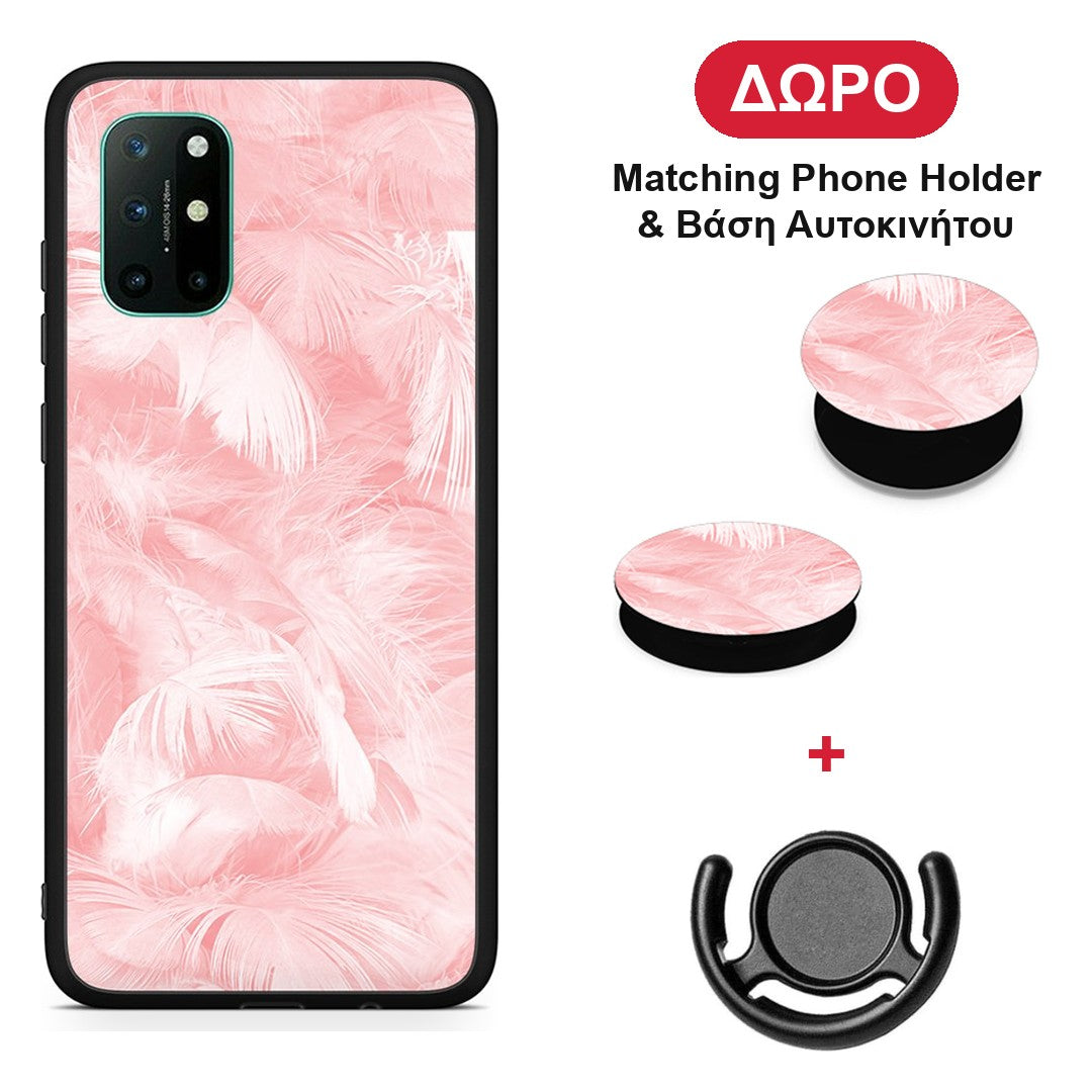 Boho Pink Feather - OnePlus 8T θήκη + Δώρο Phone Holder & Βάση Αυτοκινήτου