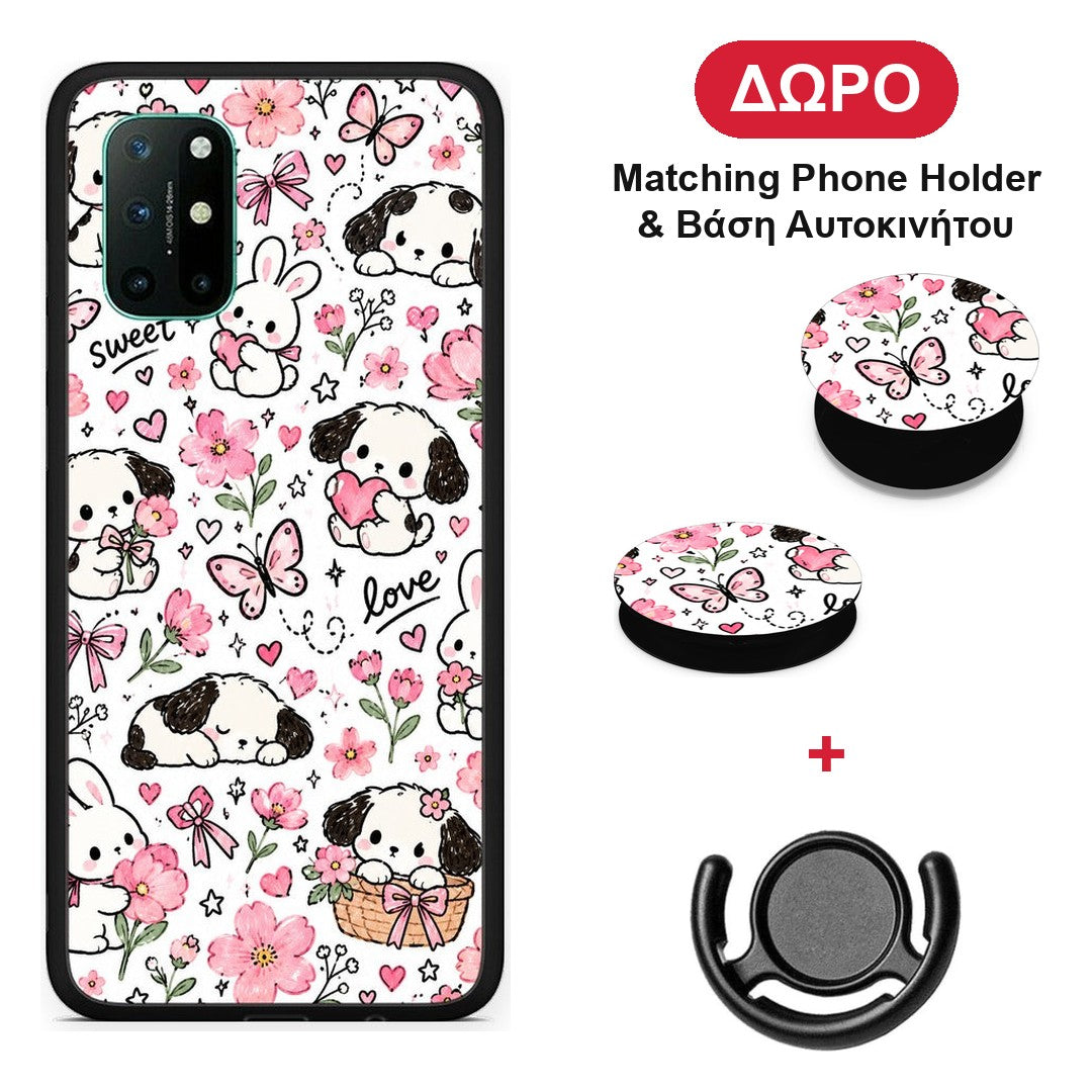 Pink Florals Puppies and Bunnies on White - OnePlus 8T θήκη + Δώρο Phone Holder & Βάση Αυτοκινήτου