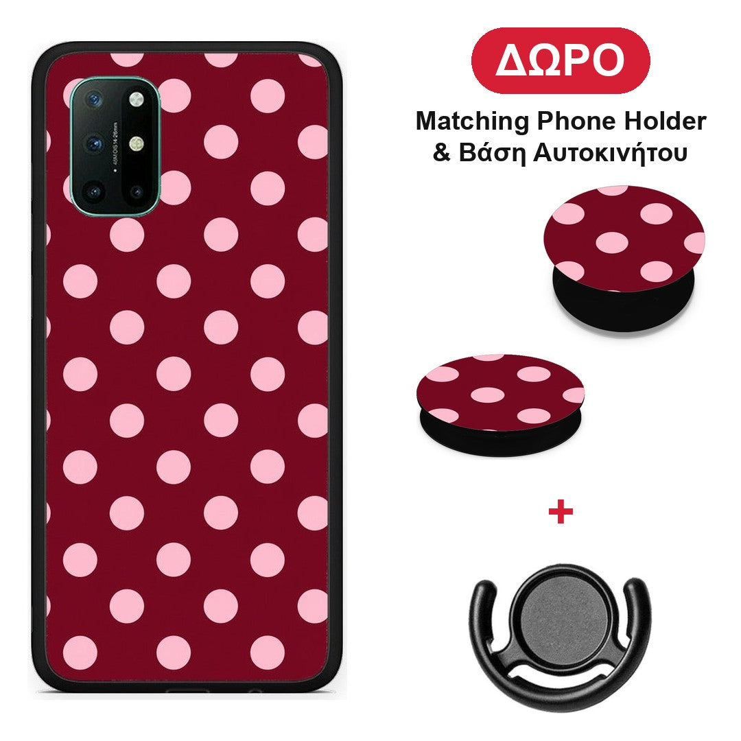 Pink Polka Dots on Burgundy - OnePlus 8T θήκη + Δώρο Phone Holder & Βάση Αυτοκινήτου