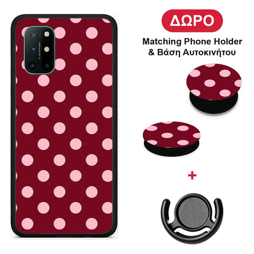 Pink Polka Dots on Burgundy - OnePlus 8T θήκη + Δώρο Phone Holder & Βάση Αυτοκινήτου