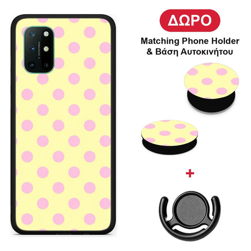 Pink Polka Dots on Yellow - OnePlus 8T θήκη + Δώρο Phone Holder & Βάση Αυτοκινήτου