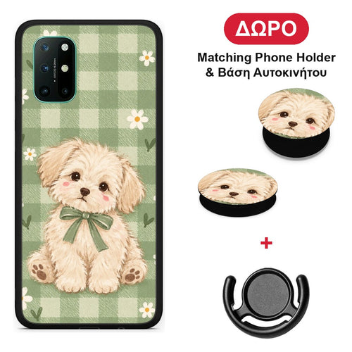 Puppy and Daisies on Sage Gingham - OnePlus 8T θήκη + Δώρο Phone Holder & Βάση Αυτοκινήτου