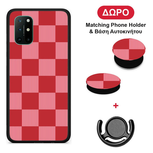 Red and Pink Striped Checks - OnePlus 8T θήκη + Δώρο Phone Holder & Βάση Αυτοκινήτου