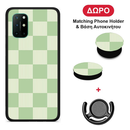 Sage and Cream Striped Checks - OnePlus 8T θήκη + Δώρο Phone Holder & Βάση Αυτοκινήτου