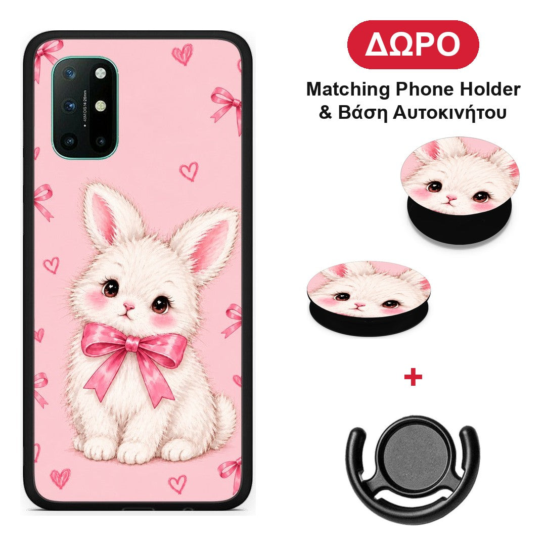 White Bunny and Pink Bows - OnePlus 8T θήκη + Δώρο Phone Holder & Βάση Αυτοκινήτου
