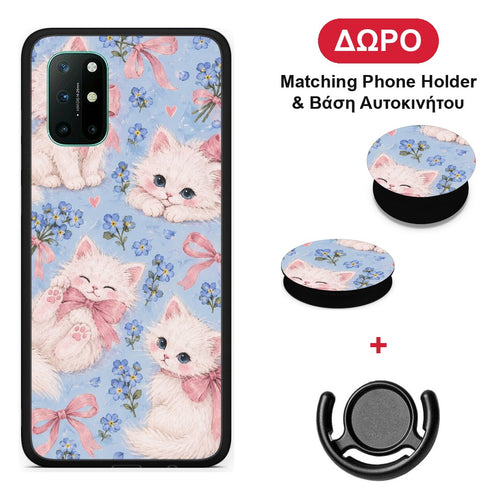 White Kittens and Blue Flowers Large - OnePlus 8T θήκη + Δώρο Phone Holder & Βάση Αυτοκινήτου