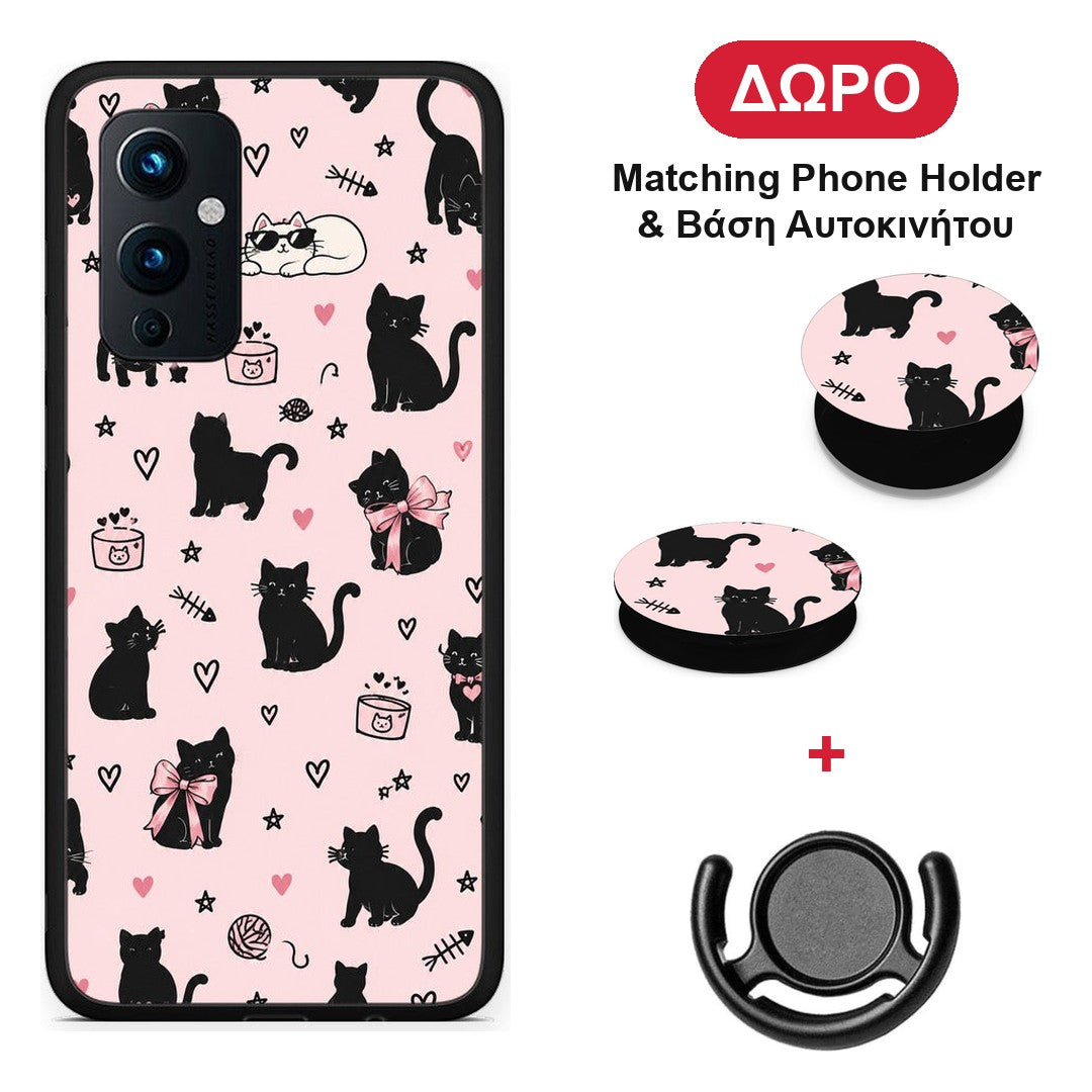 Black Cat Doodles on Pink - OnePlus 9 θήκη + Δώρο Phone Holder & Βάση Αυτοκινήτου