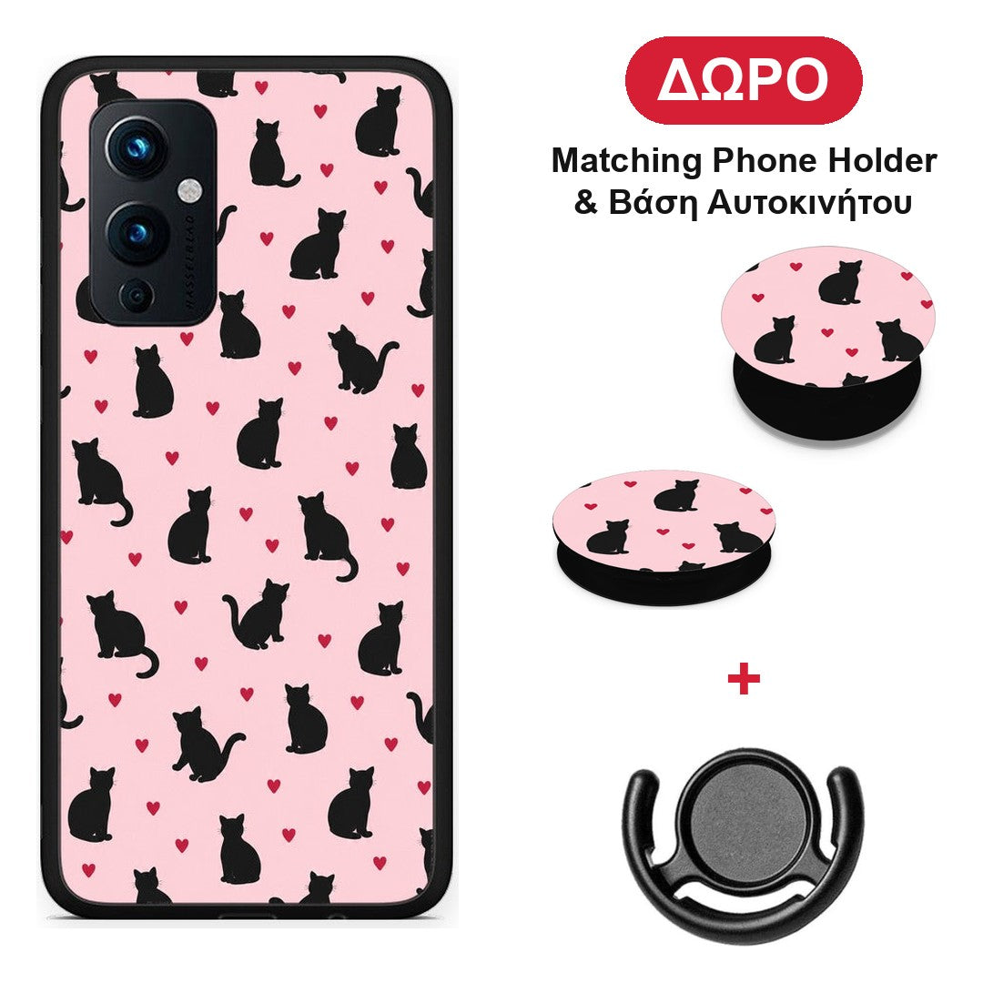 Black Cat Silhouettes and Hearts on Pink - OnePlus 9 θήκη + Δώρο Phone Holder & Βάση Αυτοκινήτου