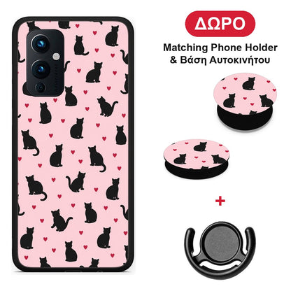 Black Cat Silhouettes and Hearts on Pink - OnePlus 9 θήκη + Δώρο Phone Holder & Βάση Αυτοκινήτου