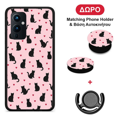 Black Cat Silhouettes and Hearts on Pink - OnePlus 9 θήκη + Δώρο Phone Holder & Βάση Αυτοκινήτου