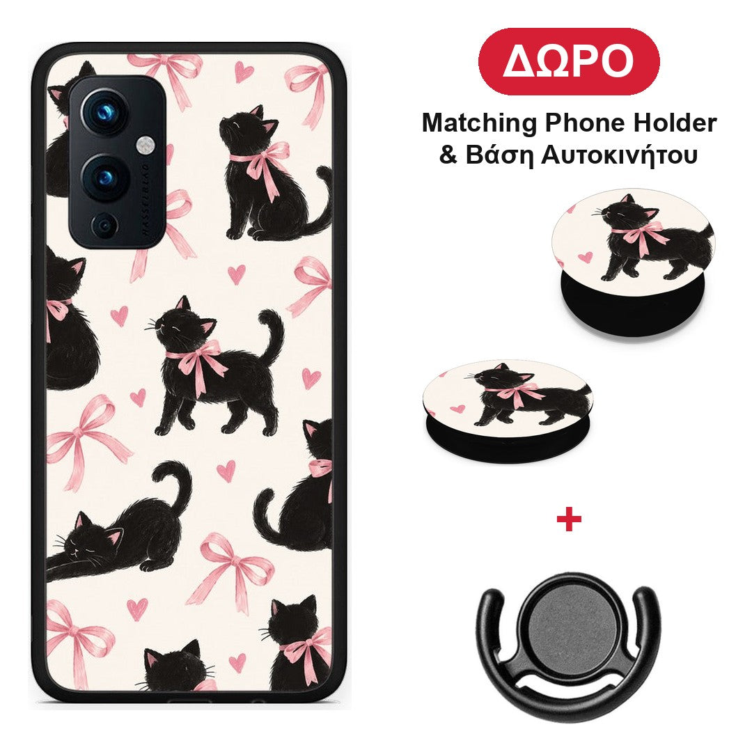 Black Kittens and Pink Bows on Cream Large - OnePlus 9 θήκη + Δώρο Phone Holder & Βάση Αυτοκινήτου