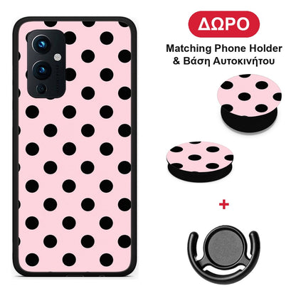 Black Polka Dots on Pink - OnePlus 9 θήκη + Δώρο Phone Holder & Βάση Αυτοκινήτου