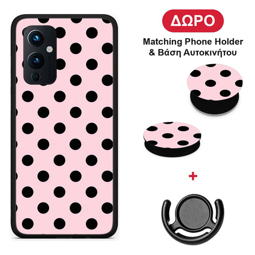 Black Polka Dots on Pink - OnePlus 9 θήκη + Δώρο Phone Holder & Βάση Αυτοκινήτου
