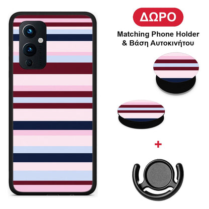 Burgundy Pink and Blue Horizontal Stripes - OnePlus 9 θήκη + Δώρο Phone Holder & Βάση Αυτοκινήτου