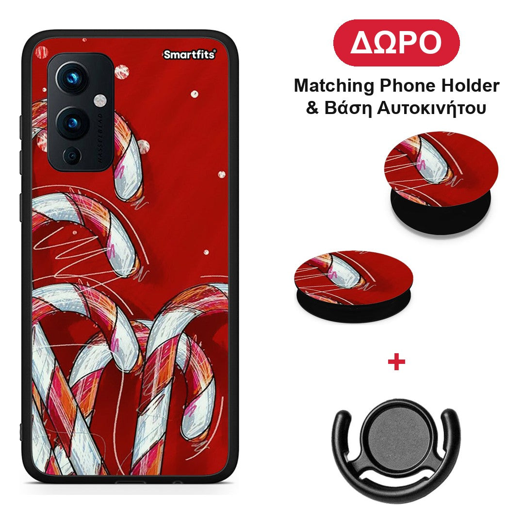 Candy Cane - OnePlus 9 θήκη + Δώρο Phone Holder & Βάση Αυτοκινήτου