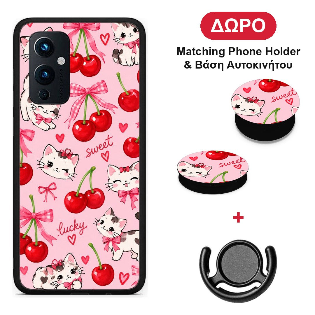 Cherries Bows and Kittens on Pink - OnePlus 9 θήκη + Δώρο Phone Holder & Βάση Αυτοκινήτου