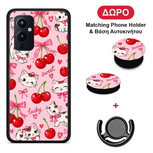 Cherries Bows and Kittens on Pink - OnePlus 9 θήκη + Δώρο Phone Holder & Βάση Αυτοκινήτου