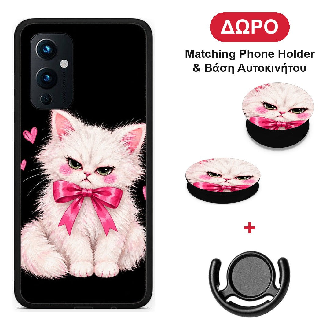 Grumpy Party Kitten on Black - OnePlus 9 θήκη + Δώρο Phone Holder & Βάση Αυτοκινήτου
