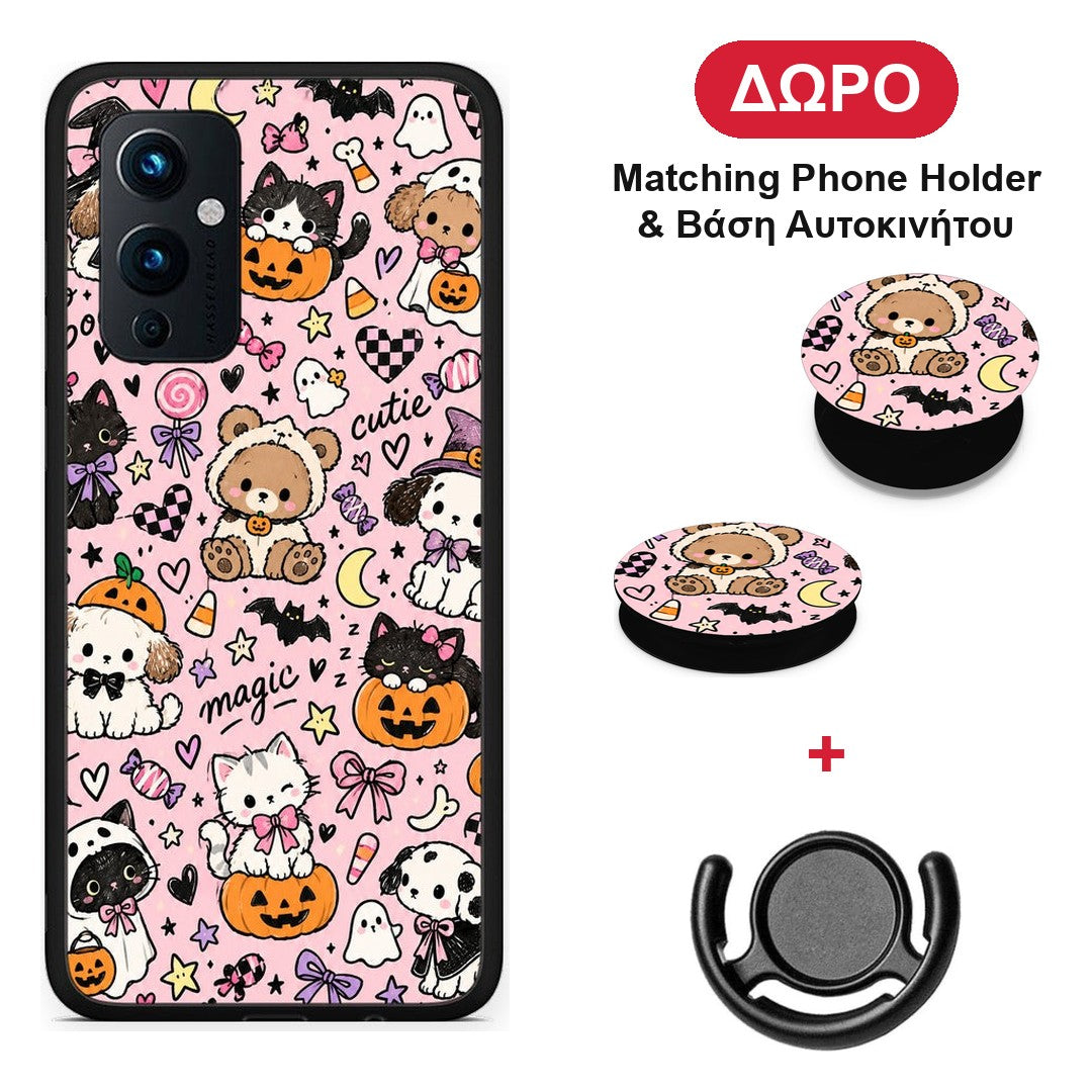 Halloween Cute Animals on Pink - OnePlus 9 θήκη + Δώρο Phone Holder & Βάση Αυτοκινήτου