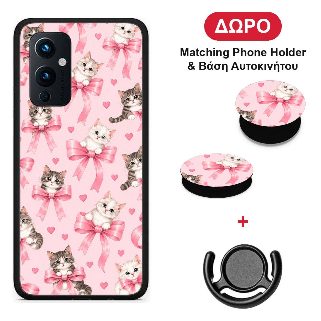 Kittens and Pink Bows on Pink - OnePlus 9 θήκη + Δώρο Phone Holder & Βάση Αυτοκινήτου