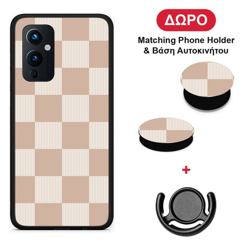 Latte and Cream Striped Checks - OnePlus 9 θήκη + Δώρο Phone Holder & Βάση Αυτοκινήτου