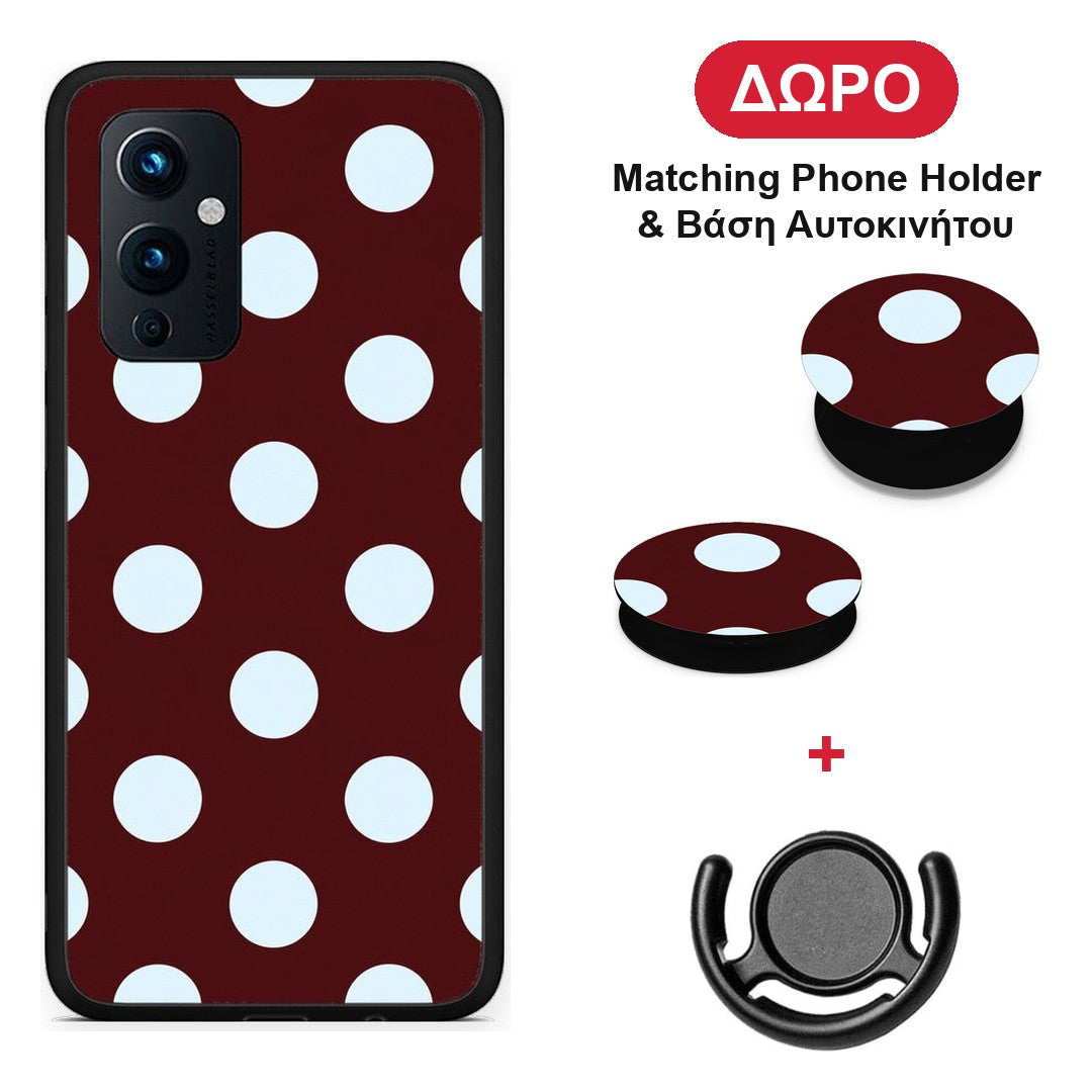 Pale Blue Large Polka Dots on Burgundy - OnePlus 9 θήκη + Δώρο Phone Holder & Βάση Αυτοκινήτου