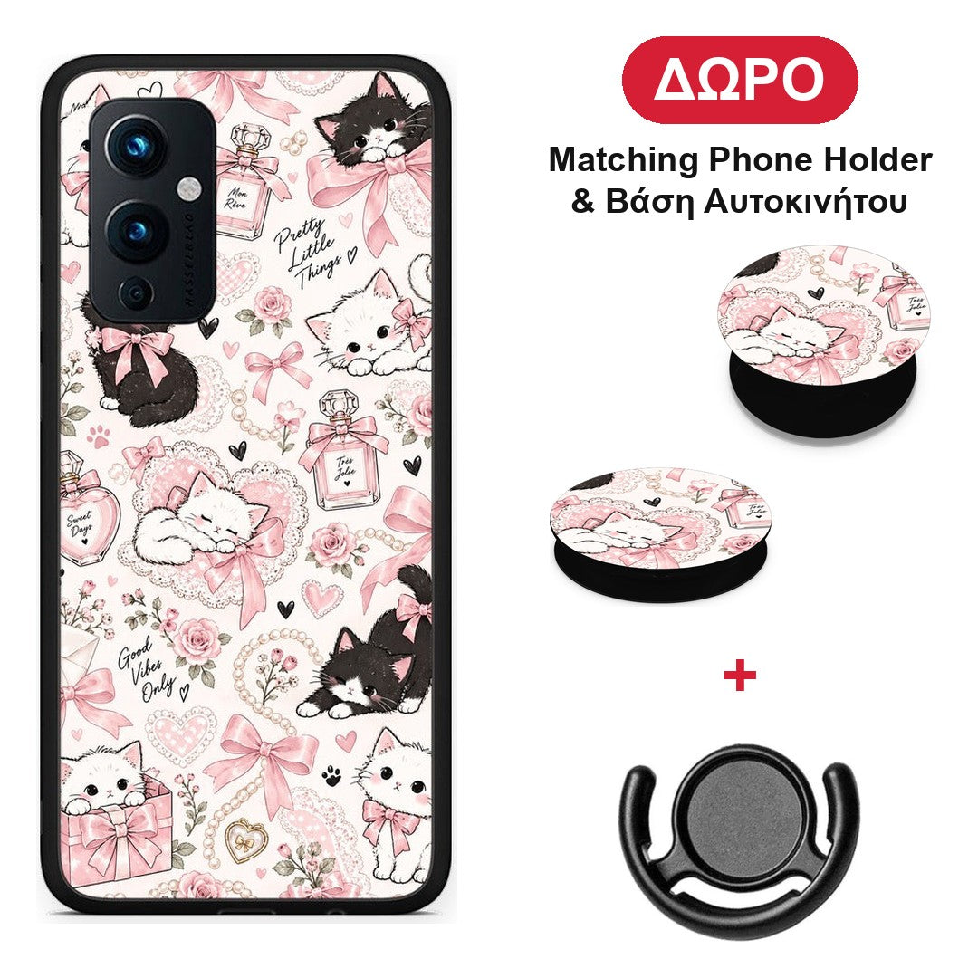 Pink Bows and Kittens Collage - OnePlus 9 θήκη + Δώρο Phone Holder & Βάση Αυτοκινήτου