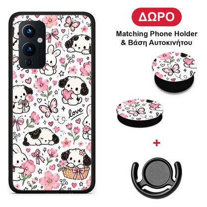 Pink Florals Puppies and Bunnies on White - OnePlus 9 θήκη + Δώρο Phone Holder & Βάση Αυτοκινήτου