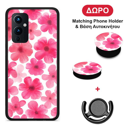Pink Watercolour Flowers on White - OnePlus 9 θήκη + Δώρο Phone Holder & Βάση Αυτοκινήτου