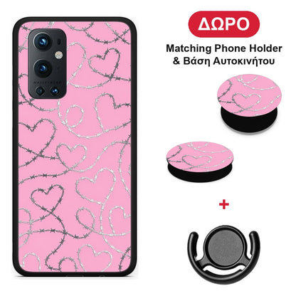 Barbed Wire Hearts on Pink - OnePlus 9 Pro θήκη + Δώρο Phone Holder & Βάση Αυτοκινήτου