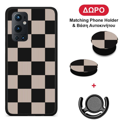 Black and Taupe Striped Checks - OnePlus 9 Pro θήκη + Δώρο Phone Holder & Βάση Αυτοκινήτου
