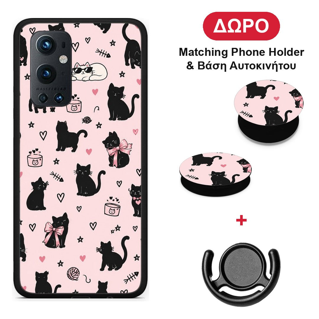 Black Cat Doodles on Pink - OnePlus 9 Pro θήκη + Δώρο Phone Holder & Βάση Αυτοκινήτου
