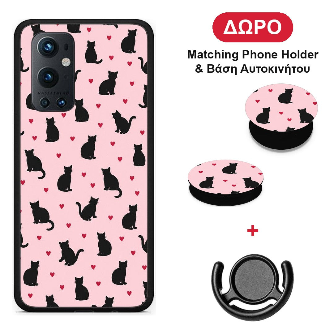 Black Cat Silhouettes and Hearts on Pink - OnePlus 9 Pro θήκη + Δώρο Phone Holder & Βάση Αυτοκινήτου