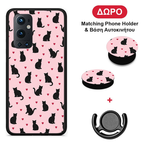 Black Cat Silhouettes and Hearts on Pink - OnePlus 9 Pro θήκη + Δώρο Phone Holder & Βάση Αυτοκινήτου
